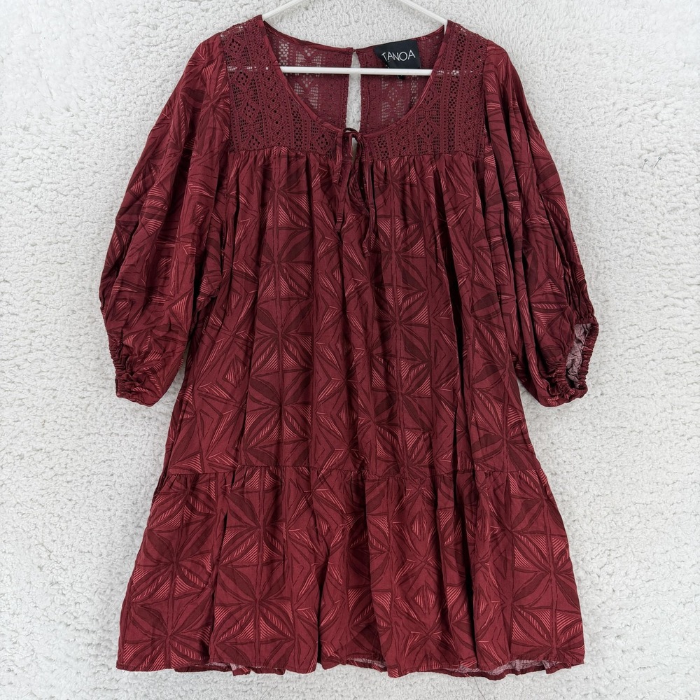 TANOA Dress Womens Small Red Geometric Crochet Yoke 3/4 Sleeve Trapeze Swing
